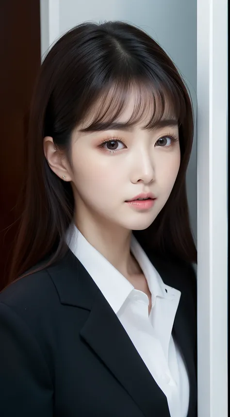 realistic photos of 1 cute Korean star, hair behind ear, white skin, thin makeup, 32 inch breasts size, wearing black office suit, at the office door, close-up portrait, UHD