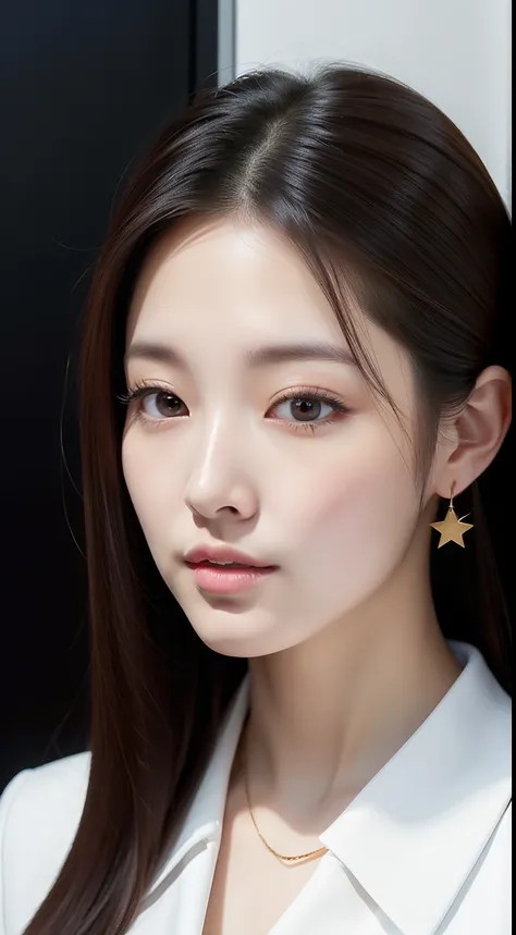 realistic photos of 1 cute Korean star, hair behind ear, white skin, thin makeup, 32 inch breasts size, wearing black office suit, at the office door, close-up portrait, UHD