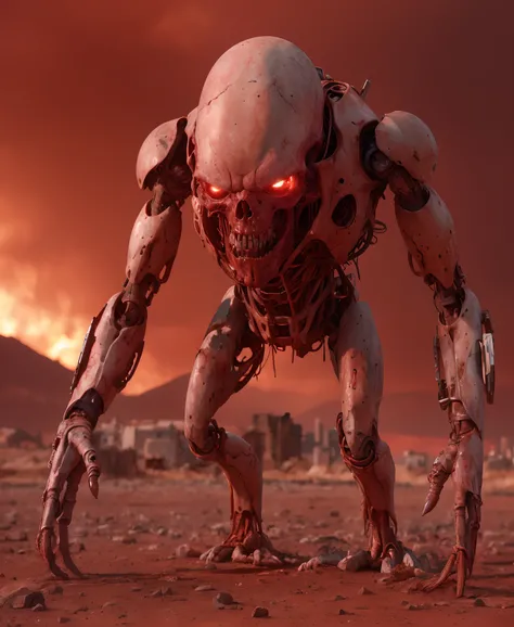 In a post-apocalyptic wasteland, the mind-bending meatloaf entity cyborg stands against a blood-red sky, its form a blend of twisted metal and grotesque flesh, a symbol of technological corruption. The environment is a barren desert, with cracked earth and...