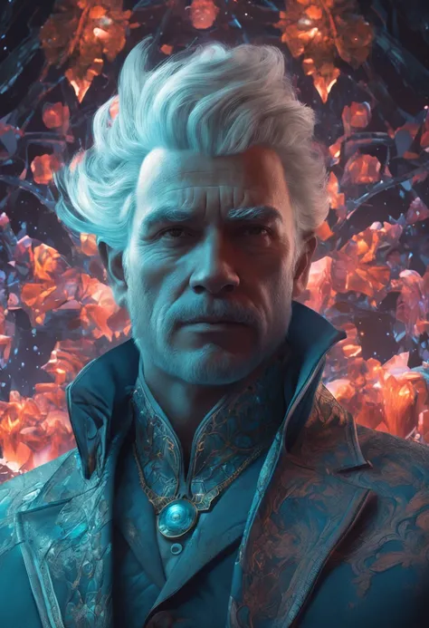 Men with platinum hair, in a suit of ice flowers, a beautiful crown on his head, detailed face, detailed skin, front, background frozen forest, cover, unzoom, choker, hyperdetailed painting, luminism, Bar lighting, complex, 4k resolution concept art portra...