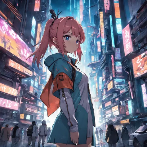 1 girl in the middle of a futuristic city, anime style, cyberpunk