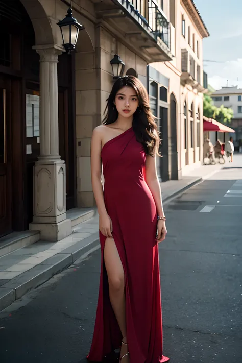 1girl, solo, RAW Photo, modelshoot style, Photograph of a young beautiful bright indonesian woman with black brown long hair flow in soft curl and warm skin, focused, wear red medium dress, full body shot, long shot, soft face make up, face to the camera, ...