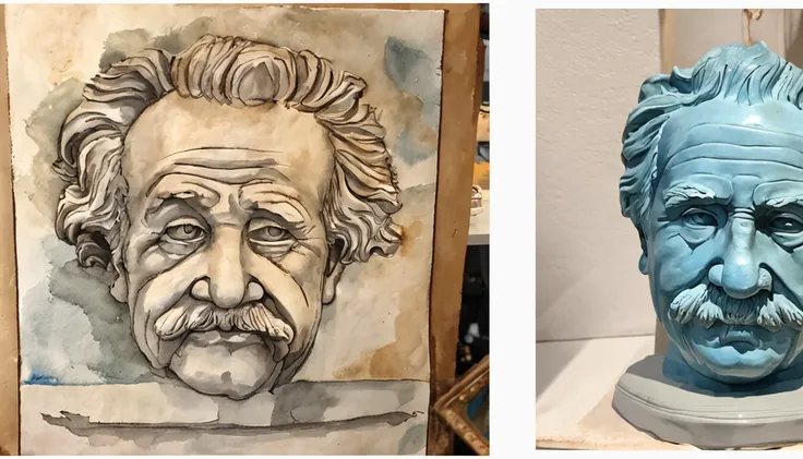 Prompt:criar um retrato de Albert einstein, olhar escultura, cobre oxidado, turquesa e argila, baixo relevo, White Marble, Escultura romana e grega, azul escuro, fundo quadrado liso e limpo, straight head, erigir, imagens orientalistas, folhas de argila no...