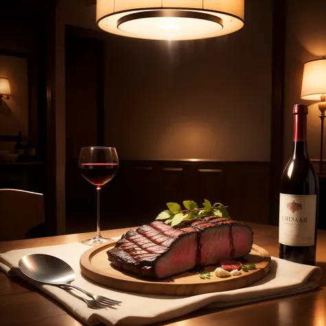 Create a gourmet restaurant setting, with a steak on top of a classic table, a bottle of wine and a glass of wine in half. A click of drama and cinematic light.