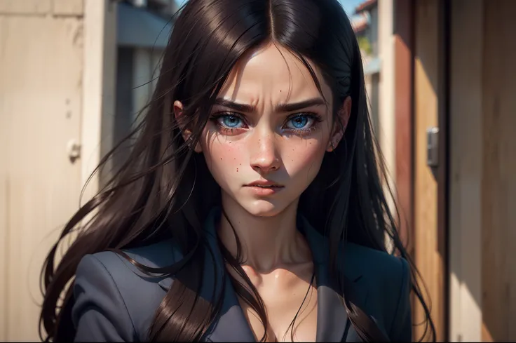 Ultra realistic 8k image of a 25-year-old woman, pretty, thin, long straight hair, freckles on her face, dark tanned skin, wearing a blue and black suit, incredulous expression, tears in her eyes, standing on a neighborhood street residential