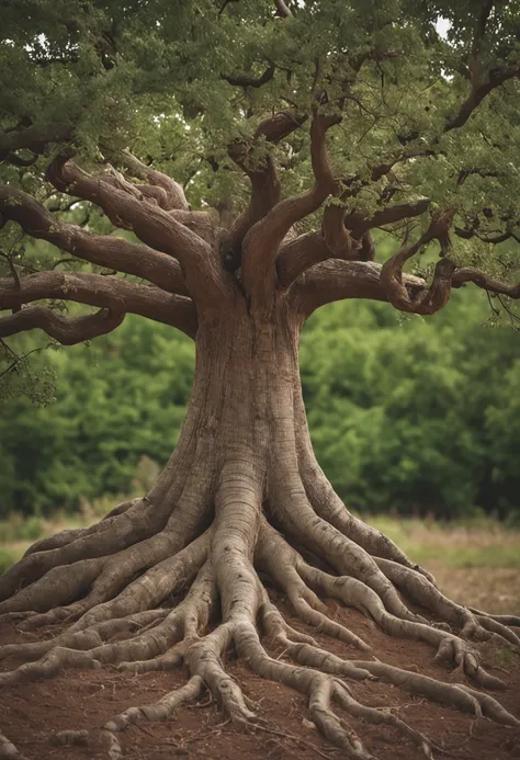 Create an image of a stylized tree with deep roots, Solid trunk and lush leaves. At the roots, Put symbols of the chakras, representing the connection with the earth and the vital energies.