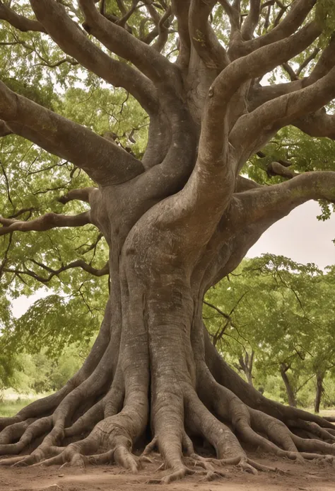 Create an image of a stylized tree with deep roots, Solid trunk and lush leaves. At the roots, Put symbols of the chakras, representing the connection with the earth and the vital energies.