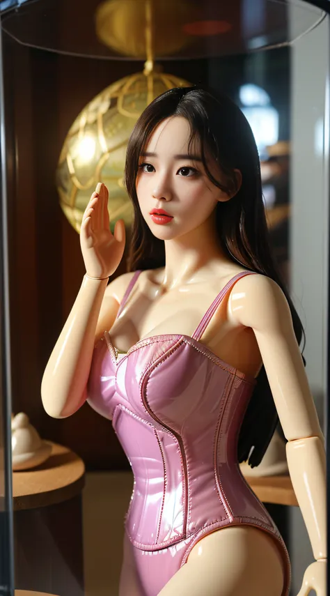 On the desk、(((1/Size 10))、(((Elaborate figurines in a domed glass case)))、１０Realistic doll about the size of a cm、angry looking face,BDSM,Slave,rubber,Black corset,shackle,((top-quality、8K、​masterpiece:1.3))、Crisp focus:1.2、(layers-Cut、tits out:1.2),Beaut...