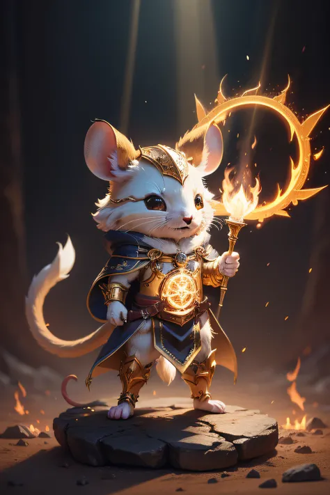 Cute mouse, Wizard image, standing on your feet, Two-handed fire mass electric light, Wearing gold and black armor, Furry fantasy art, high detail, cinematic lighting, god rays, UHD, highres