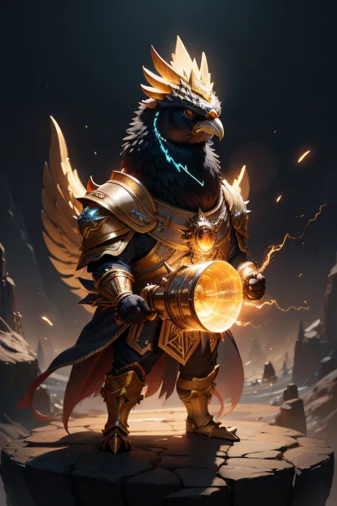 Cute big-headed chicken, Wizard image, standing on your feet, Hands torch electric light, Wearing gold and black armor, furry fantasy art, High detail, Cinematic lighting, god light, hyper HD, A high resolution