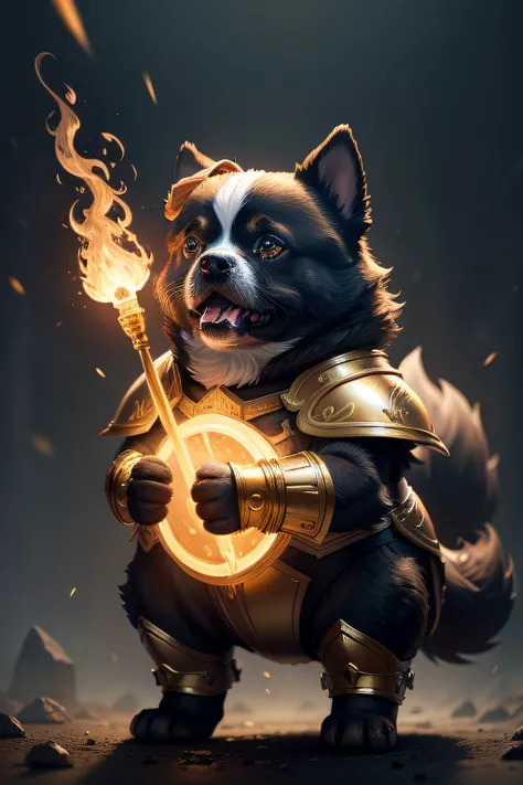 Cute big-headed dog guide image, standing on your feet, Hands torch electric light, Wearing gold and black armor, furry fantasy art, High detail, Cinematic lighting, god light, hyper HD, A high resolution