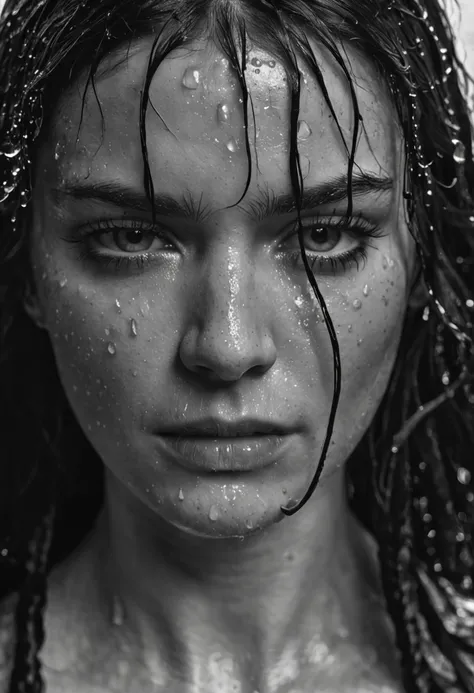 a close up of a woman with wet hair and a black background, crying fashion model, photography of albert watson, tears dripping from the eyes, wet dripping hair, awesome and moody, by irakli nadar, tears running down face, 8k artistic portrait photography, ...