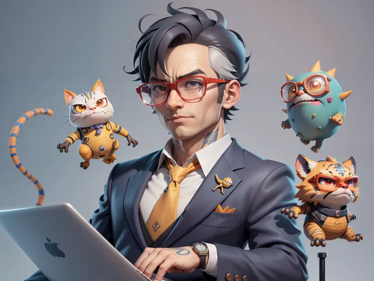 A young man in a suit, Short hair and glasses sat at his desk，holding laptop，digitial painting，tigre，3D character design by Mark Clairen and Pixar and Hayao Miyazaki and Akira Toriyama，4K HD illustration，Very detailed facial features and cartoon-style visu...