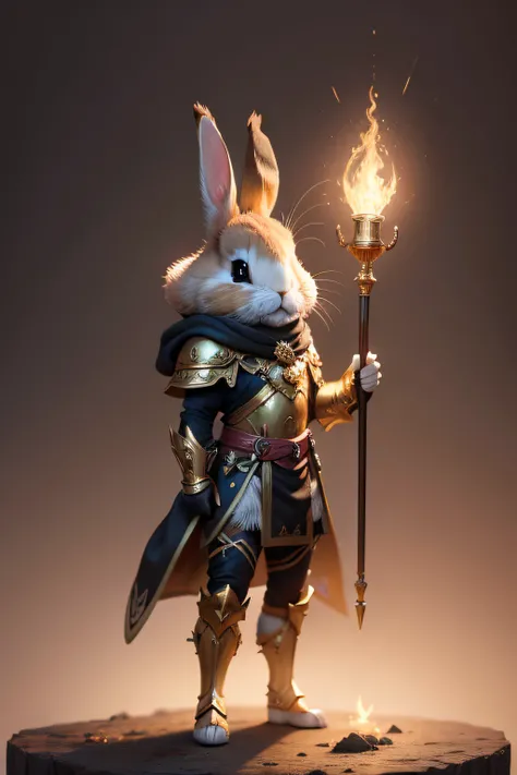 Cute rabbit guide image, standing on your feet, Hold the torch with one hand, Wearing gold and black armor, furry fantasy art, High detail, Cinematic lighting, god light, hyper HD, A high resolution