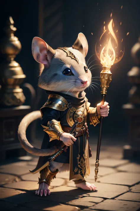 Cute rat wizard image, standing on your feet, Hold the torch with one hand, Wearing gold and black armor, furry fantasy art, High detail, Cinematic lighting, god light, hyper HD, A high resolution