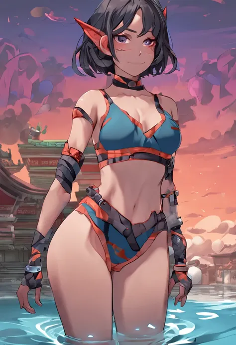 realistic, ai, anime 2d, bikini, cute girl, demon slayer, mid-range chest, 
charming ass