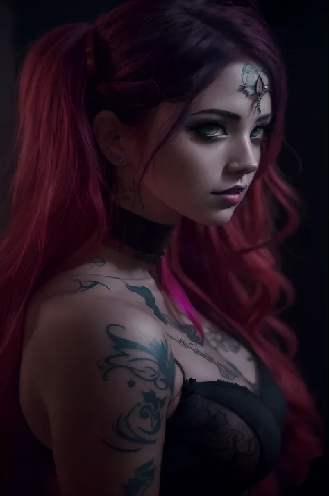 arafed woman with red hair and tattoos posing for a picture, portrait of jinx from arcane, seductive cyberpunk dark fantasy, cyberpunk style ， hyperrealistic, beautiful cyberpunk woman model, cyberpunk photo, the cyberpunk girl portrait, dreamy cyberpunk g...