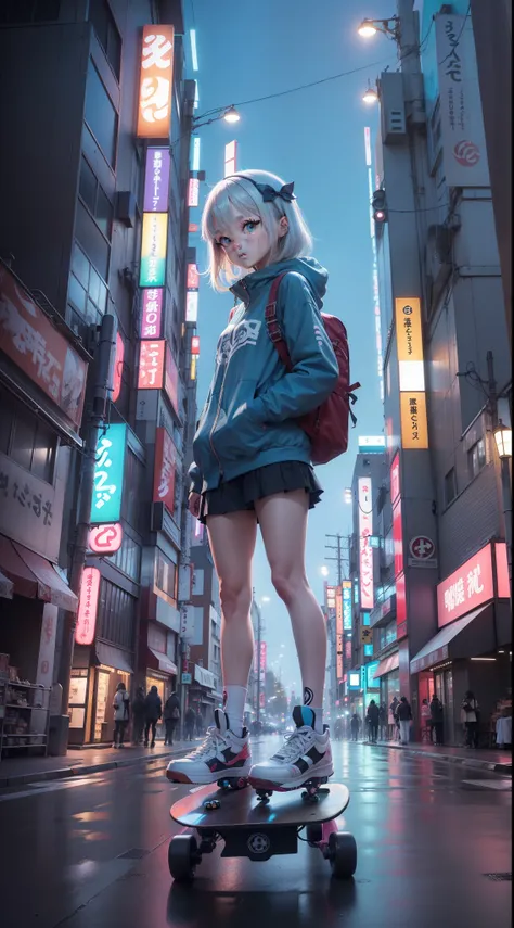 anime girl, with a perfect face, beautiful, perfect symmetrical eyes, standing on a skateboard, Tokyo, Bioluminescent