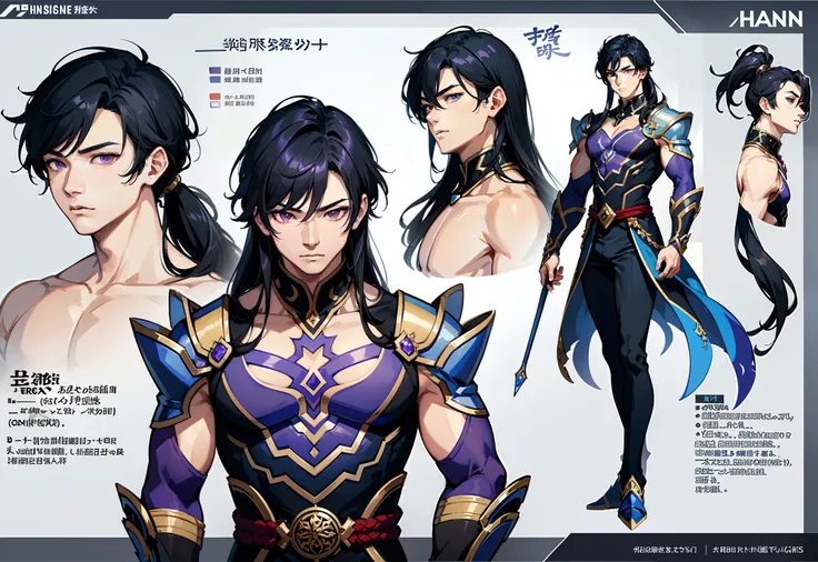 1boy, single, asian boy, reference sheet, oerfect face, hansome face, character design, front angle, side angle, rear angle, dynamic poses, (masterpiece:1.2), (best quality:1.3), ice fantasy outfit, muscle body, athletic body. (Purple eyes), (long hair), (...