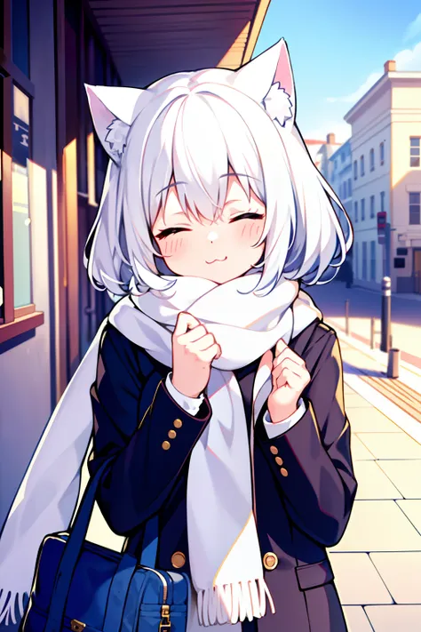 masterpiece, best quality, 1girl, white hair, medium hair, cat ears, closed eyes, looking at viewer, :3, cute, scarf, jacket, outdoors, streets,