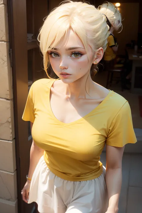 "up front view, woman, Yellow T-shirt, Short white dress, Hair tied back."