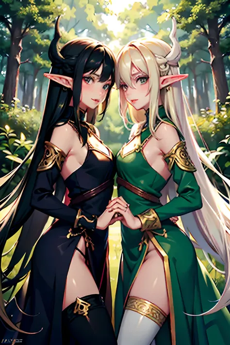 Two female elves，Same stature，One black hair and one blonde，Hold each other，The two bodies are close together，Mouth to mouth，at a forest