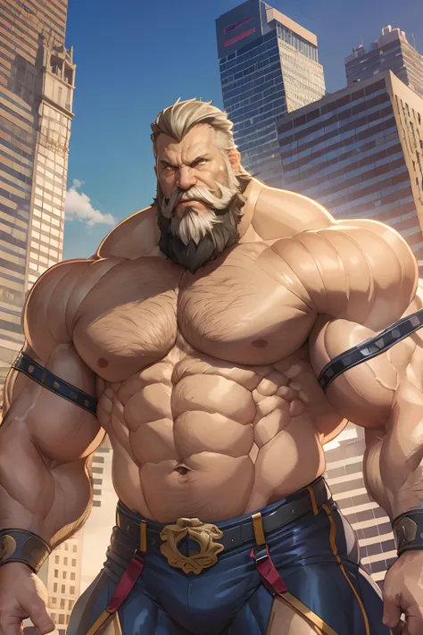 muscular old man, long beard, two color beard, angry