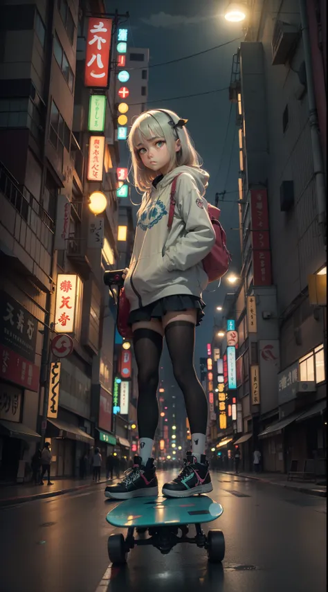 anime girl, beautiful face, prefect symmetrical eyes, perfect stance, standing on a skateboard, Tokyo, Bioluminescent