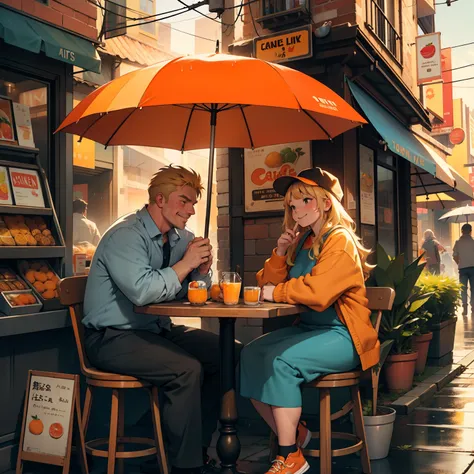 Fat uncle and blonde girl,cafes,Girl drinking juice,Man Watching,A smile,petite girl in,orange juice,Brick cobblestone,There is a sign with an orange illustration,Orange fillet,Rain of orange juice,A rainbow in the sky