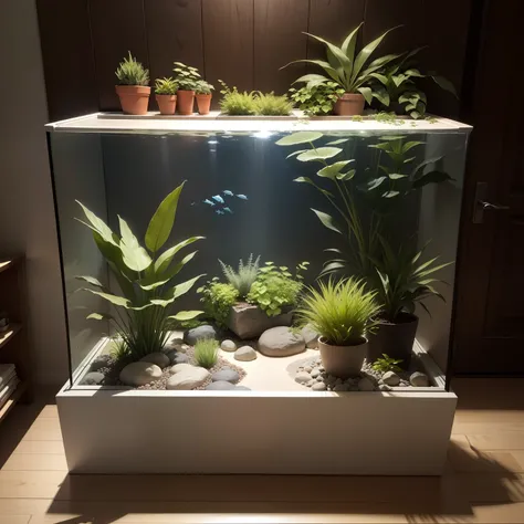 Design a rectangular paludary tank 2.7 metros de comprimento, 1.2 metros de altura, 30cm de largura, using dried plants and semi-terrestrial aquatic plants for decoration, direcionando plantas secas de ambos os lados para o meio, usando coqueiros sul-ameri...