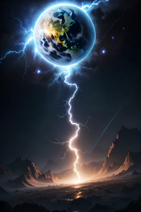 Strange white and yellow planet in the darkness of the universe, High definition, Studio Photo Lighting, detalhes de brilho cinza, ..3d, 4D, estilo realista, Cinematic effects, with lightning bolts, energy atmosphere, detalhes do plasma