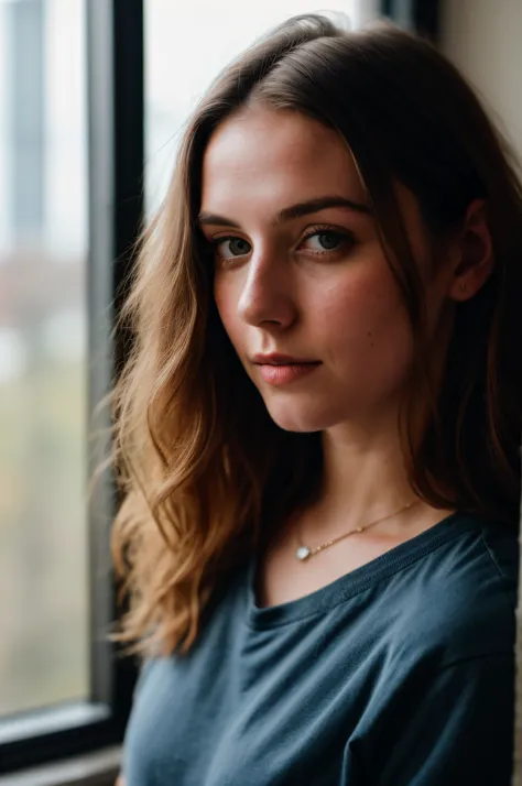 RAW photo, 24 year old Welsh woman, casual clothes, messy hair, slim build, at home, shallow depth of field, (high detail skin: 1.2), 8k uhd, DSLR, soft light, high quality, film grain, 20mp, Fuji XT3 , 80mm, Hasselblad