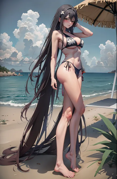 Anime girl with long black hair standing on beach next to umbrella, realistic bikini, Smooth anime CG art, swimsuit, detailed long black hair, in beach, photorealistic anime girl rendering, in the beach, in a bathing suit, Guviz-style artwork, on  the  bea...