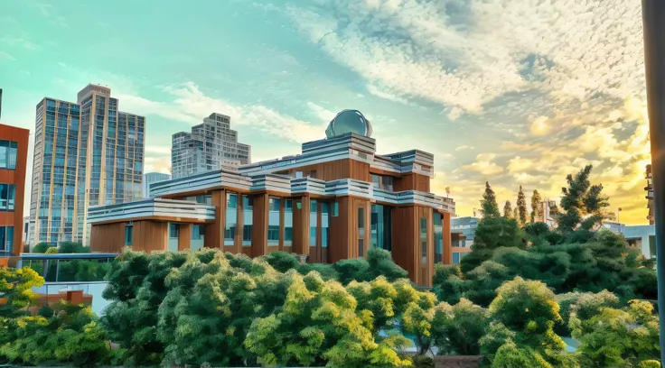 Trees in front of the building，In the background is the bell tower, vancouver school, research complex, iso 1 0 0 wide view, late summer evening, taken with a Sony A7R camera, Building in the distance, low  angle shot, low  angle shot, golden hour in beiji...