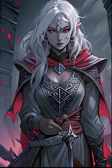 A picture Taken from a comicbook, ((Masterpiece)), ((8k)), drawing, 1 middle aged woman, dark elf sorcerer, princess, noble, dark elf necromancer,elfic jewellery, drow, red eyes, long silver hairs, dark pale skin, ((long thin rune ornated Sword)), long dra...