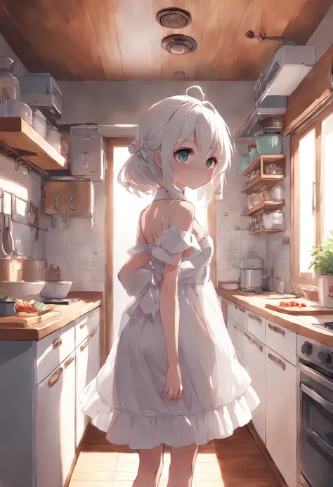 Anime girl in white dress standing in kitchen with cat, loli in dress, small curvy loli, artwork in the style of guweiz, guweiz on pixiv artstation, guweiz on artstation pixiv, guweiz, small loli girl, soft anime illustration, Anime visuals of cute girls, ...