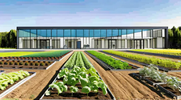 In the middle of a large vegetable garden there is a main health building，There is only one building，There are three floors，