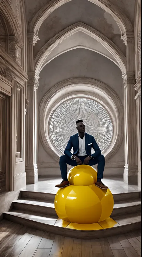 An African man dressed in African clothes sitting on a yellow sphere in a black and white room with abstract shapes and stairs, with iridescent light, highly detailed images, vibrant beautiful colours, photorealistic image, 8k, ultra HD, unreal engine rend...