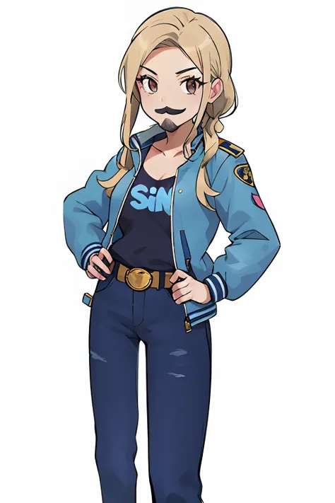 Un dibujo de caricatura de una mujer con bigote y con una chaqueta azul y jeans, Marin Kitagawa Fanart, protagonista femenina 👀 :8, Fujita Goro!, Arte oficial del personaje, Junko Enoshima, Ilustraciones de la sede, Arte Oficial, Anya de Spy X Family, prot...