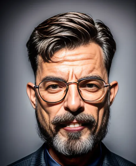 Hay un hombre con gafas y una chaqueta posando para una foto, Thierry Doizon, con gafas y perilla, Cara realista, Imagen 2D, Foto de perfil profesional, Foto de perfil de la foto de cabeza, Cara fotorrealista, Hombre de mediana edad, Hombre con gafas, Este...