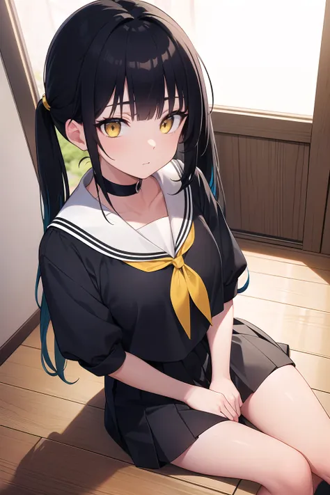 wide angle, POV, from above, BREAK seishounagon, sei shounagon, aqua hair, black hair, blunt bangs, multicolored hair, red hair, twintails, (yellow eyes:1.5),
BREAK black sailor collar, black shirt, black skirt, choker, pleated skirt, puffy sleeves, sailor...