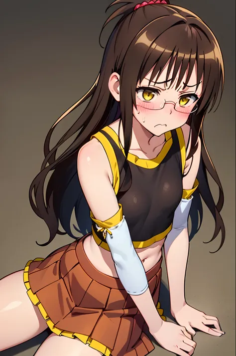 yuuki mikan, brown hair, yellow eyes, hair ornaments, long hair, topknot, wavy hair, small breasts, (upper body), (disgust, annoyed), (from above), 1girl, spread armpit, steam, sitting, (sleeveless), (detached sleeves), black-framed eyewear, Navel, (simple...