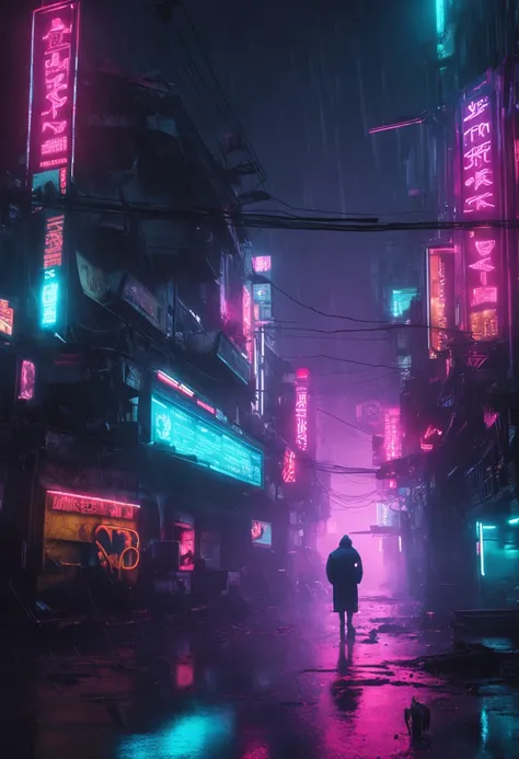 "Neon-lit cyberpunk street, futuristic city street, Dystopian artwork in the dark,Huge signboard , 4k wallpaper. Rain and fog atmosphere, Evoking a sullen and desolate future."