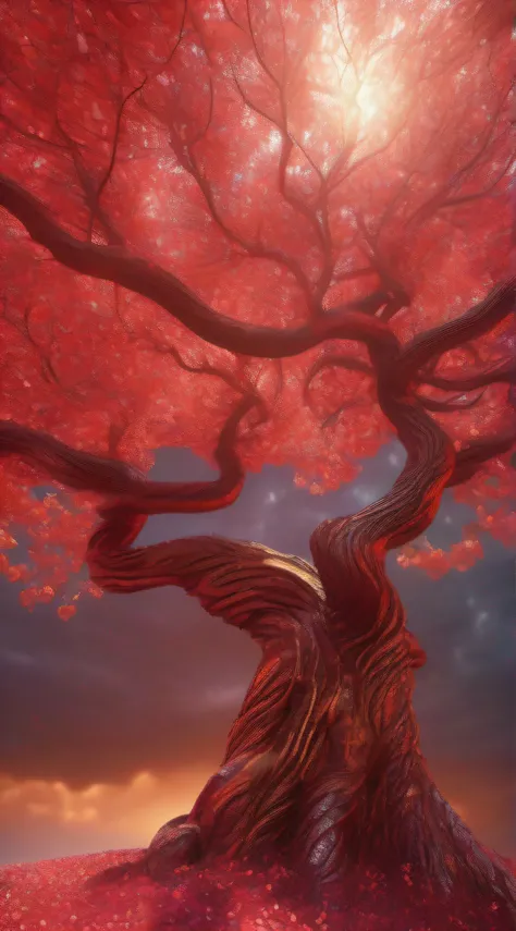 Close-up of a massive peach tree covered in red threads, with a trunk that reaches towards the sky and surrounded by a dynamic, spiral, and magical petal path that flies and twists around the tree, glistening with gold, beauty, and red hues. Healing, summe...