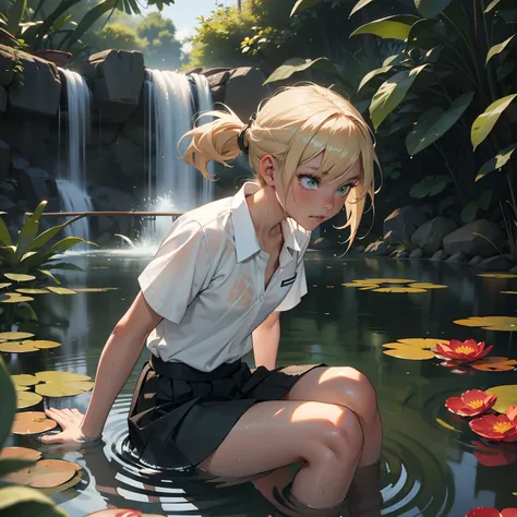 Blonde girl who fell into the pond,Japanese garden,Small artificial pond,Nishikigoi is swimming,Girl with ass in pond,Im falling down with an ass cake,petite girl in,Green eyes,flat chest,Painful expression,Red face,Wears a white shirt,Wearing a tight blac...