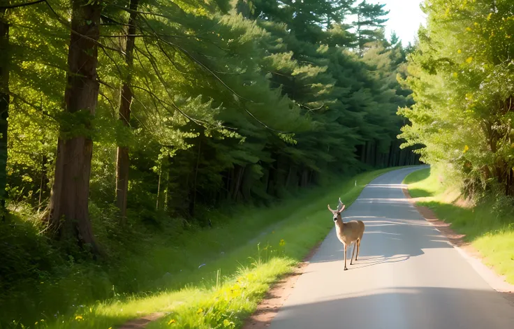 A deer walks on the forest road on both sides of grass and flowers, some old trees and rocky streams