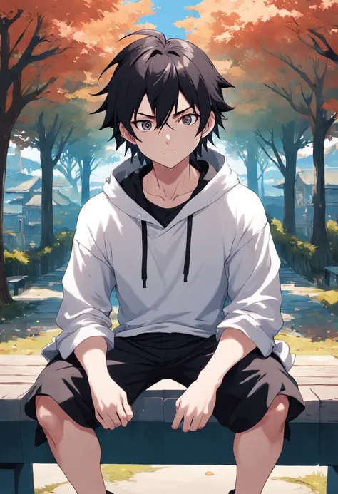 1 boy, wearing a open black hoddie, wearing a plain white shirt, park background, wearing baggy clothes, sitting on a bench, blue sky, high reaolution, ultra sharp, 8k, masterpeice, Demon Slayer long hair, looking at viewer, anime boy, hyper detailed,