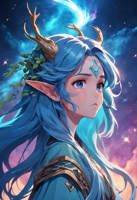 female cosmic druid with long flowing blue gradient hair