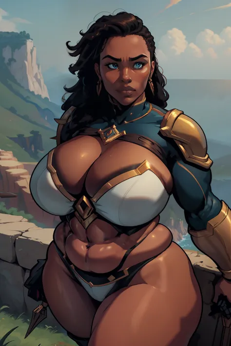 "An absolute masterpiece with the highest quality, featuring a magnificent bronze skinned female character striking a heroic pose while standing boldly on a cliff, exuding confidence and power, and showcasing a charming and chubby physique."