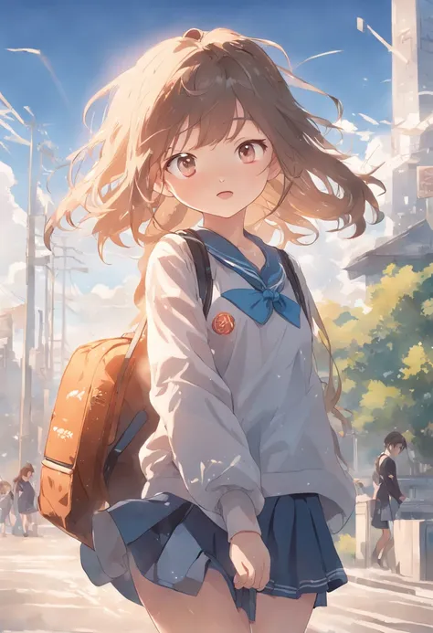 The highest quality, masterpiece, High resolution, Very detailed, A girl, Lovely, Crystal clear white skin, Asian girl, Whole body, Young, Junior middle school, 13 years old, Children, Hair color is light brown, On the way to and from school in the morning...